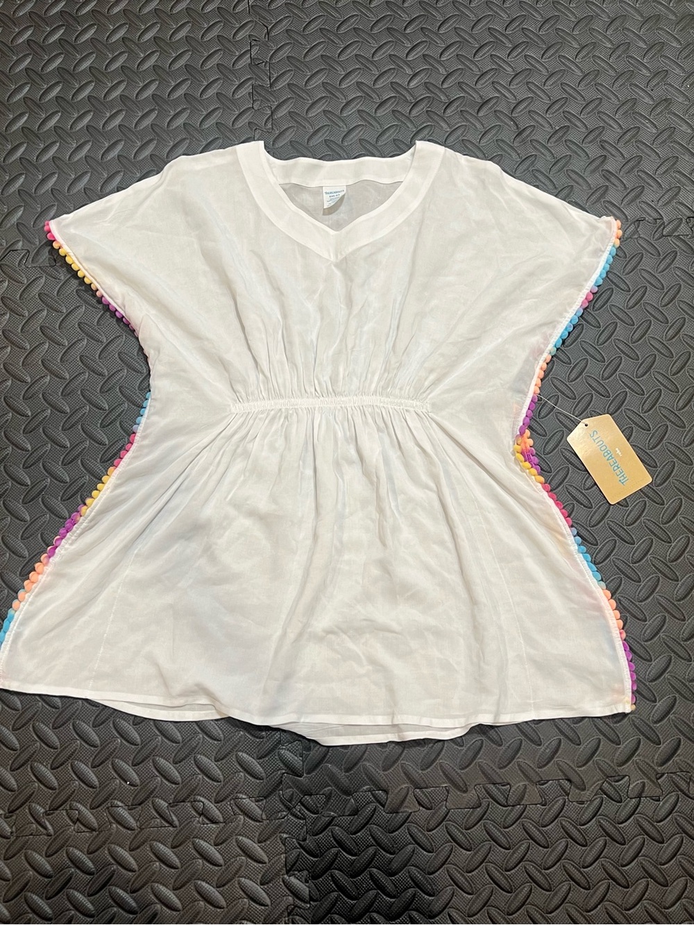 Children's White Swim Coverup with Colorful Pom Trim